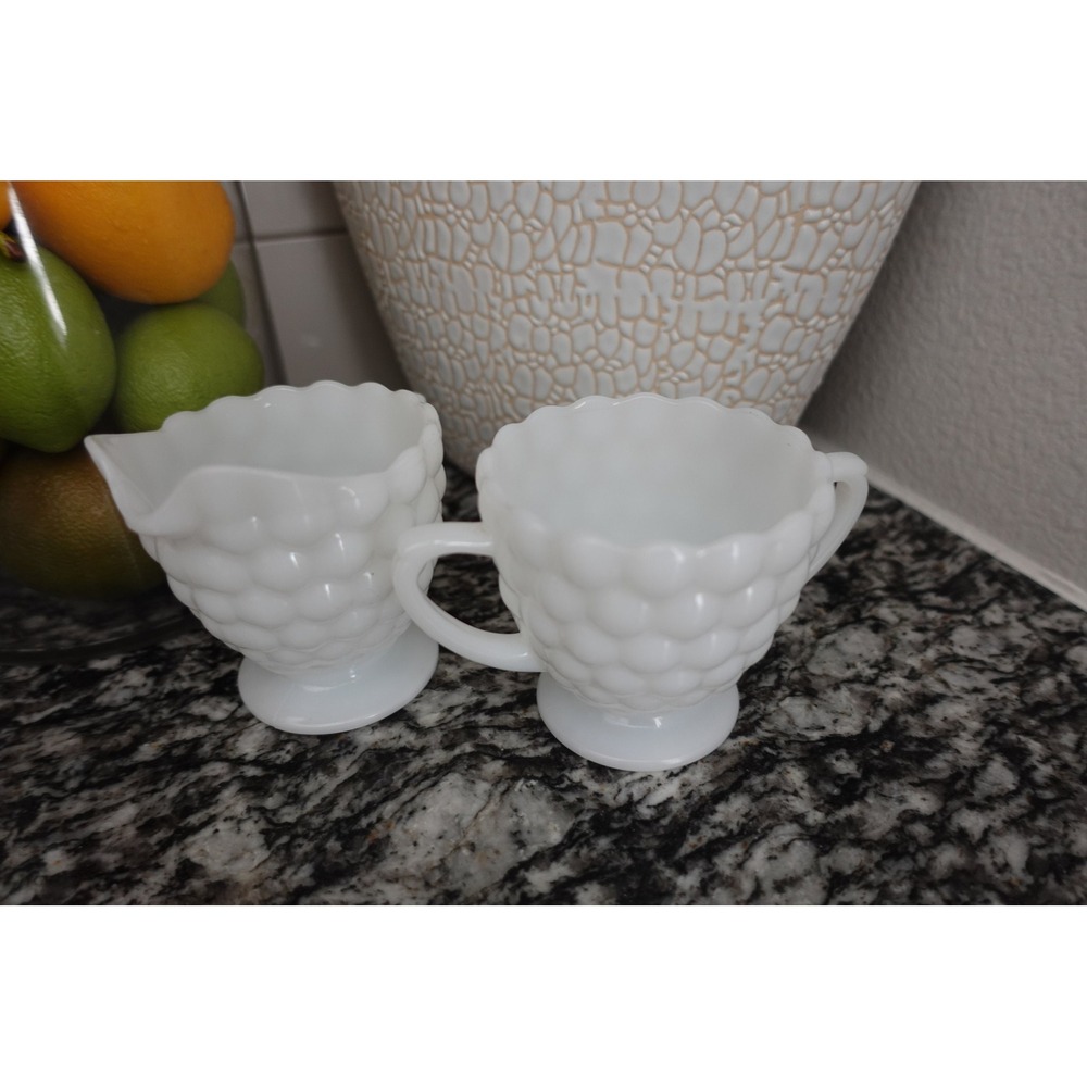 Vintage bubble white milk glass creamer and‎ sugar set